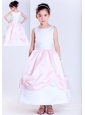 Sweet White and Pink A-line Scoop Hand Made Flowers Flower Girl Dress Ankle-length Taffeta