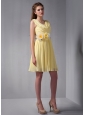 Beautiful Light Yellow Empire Square Hand Made Flower Bridesmaid Dress Mini-length Chiffon