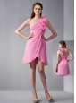 Customize Rose Pink Empire One Shoulder Hand Made Flowers Bridesmaid Dress Mini-length Chiffon