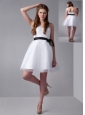 Customize White A-line V-neck Bow Bridesmaid Dress Mini-length Tulle and Taffeta