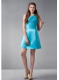 Exquisite Sky Blue A-line One Shoulder Ruch Bridesmaid Dress Mini-length Satin