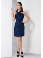 Low Price Navy Blue Column V-neck Ruch Bridesmaid Dress Mini-length Taffeta