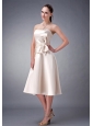 Cheap Champagne A-line / Princess Strapless Sash Bridesmaid Dress Tea-length Satin