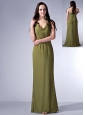 Cheap Olive Green Cloumn V-neck Bridesmaid Dress Chiffon Ruch Floor-length