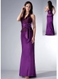 Custom Made Eggplant Purple Cloumn Halter Bridesmaid Dress Bow Brush Train Elastic Woven Satin and Chiffon
