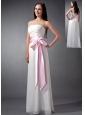 Custom Made White and Baby Pink Sash Empire Strapless Bridesmaid Dress Chiffon Ruch Floor-length