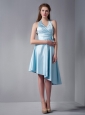 Customize Baby Blue A-line Halter Asymmetrical Ruch Bridesmaid Dress Elastic Woven Satin