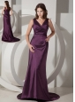 Customize Dark Purple Column / Sheath V-neck Bridesmaid Dress Taffeta Brush / Sweep Train