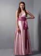 Customize Pink Column V-neck Sash Bridesmaid Dress Floor-length Elastic Woven Satin