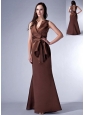 Elegant Brown Cloumn V-neck Bridesmaid Dress Satin Ruch Floor-length