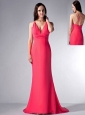 Exquisite Coral Red Cloumn V-neck Bridesmaid Dress Brush Train Chiffon