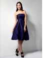 Modest Purple A-line Strapless Ruch Bridesmaid Dress Knee-length Taffeta