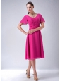 New Hot Pink A-line / Princess V-neck Bridesmaid Dress Chiffon Tea-length