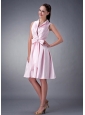 Romantic Baby Pink A-line / Princess V-neck Bridesmaid Dress Satin Ruch and Bow Knee-length