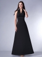 Simple Black Cloumn Halter Bridesmaid Dress Satin Ruch Ankle-length
