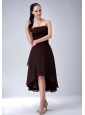 Simple Brown A-line / Princess High-low Bridesmaid Dress Strapless Chiffon Ruch