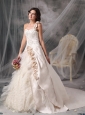 Champagne A-Line / Princess Wedding Dress One Shoulder Satin Hand Flowers Chapel Train