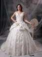 Custom Made Ivory Wedding Dress Princess V-neck Taffeta Lace and Hand Made Flowers Cathedral Train