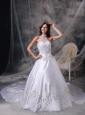 Custom Made White A-line Wedding Dress Halter  Satin Embroidery and Beading Cathedral Train
