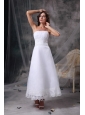 Custom Made White Beach Wedding Dress Column Strapless Satin Beading and Ruch Tea-length