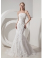 Customize Beautiful Mermaid Strapless Wedding Dress Lace and Taffeta Beading Chapel Train