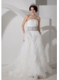 Discount A-line Wedding Dress Appliques Organza Strapless Brush Train
