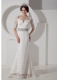 Informal Column V-neck Lace Wedding Dress Belt Brush Train