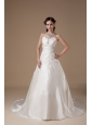 Ivory A-line Strapless Wedding Dress Appliques Satin Court Train