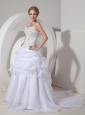 Popular A-line Wedding Dress Strapless Organza Beading and Hand Made Flowers Court Train