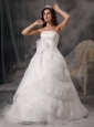 Affordable A-line Strapless Wedding Dress Organza Handle Flowers Court Train