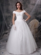 Beautiful A-line Off The Shoulder Low Cost Wedding Dress Appliques Satin and Tulle Floor-length