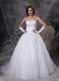 Beautiful A-line Strapless Wedding Dress Satin and Organza Embriodery Brush Train