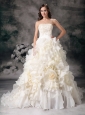 Beautiful Wedding Dress A-line Strapless Organza Hand Made Flower Chapel Train