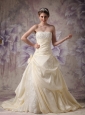 Champagne A-line Strapless Wedding Dress Taffeta and Lace Hand Made Flowers Brush Train