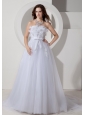 Cheap A-line / Princess Strapless Low Cost Wedding Dress Tulle Embroidery Chapel Train