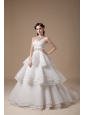 Custom Made A-line Strapless Ball Gown Wedding Dress Taffeta and Organza Appliques With Beading Brush Train