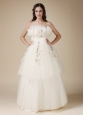 Custom Made A-line Strapless Low Cost Wedding Dress  Taffeta and Organza Appliques Hand Made Flowers Floor-length
