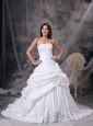 Custom Made White A-line Strapless Wedding Dress Taffeta Appliques and Hand Made Flowers Court Train