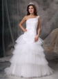 Customize A-line One Shoulder Wedding Dress Tulle Beading Court Train