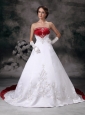 Customize A-line Strapless Wedding Dress Embroidery Satin Chapel Train