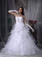 Customize A-line Strapless Wedding Dress Organza Beading and Hand Made Flowers Court Train