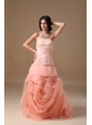 Customize Watermelon Red A-line Strapless Wedding Dress Organza Hand Made Flower  Brush Train