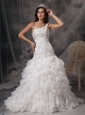 Luxurious A-line One Shoulder Wedding Dress Organza and Lace Beading Court Train
