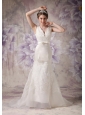 Modest A-line V-neck Low Cost Wedding Dress Taffeta and Organza Lace Court Train