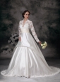 Pretty A-line Wedding Dress V-neck Satin Lace  Court Train
