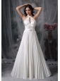 White A-line / Princess Wedding Dress High-neck Chiffon Appliques Floor-length
