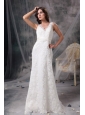 White Column V-neck Lace Wedding Dress Belt Brush Train