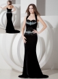 Affordable Black Mermaid Halter Evening Dress Silk Like Satin Beading Brush Train
