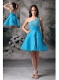 Custom Made Aqua Blue A-line One Shoulder Prom / Homecoming Dress Organza Beading Mini-length