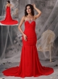 Elegant Red Mermaid / Trumpet Evening Dress Sweetheart  Chiffon Beading Court Train